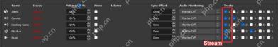 OBS Studio Advanced Audio Properties 窗口显示音频来源和 Tracks 1 到 6 复选框