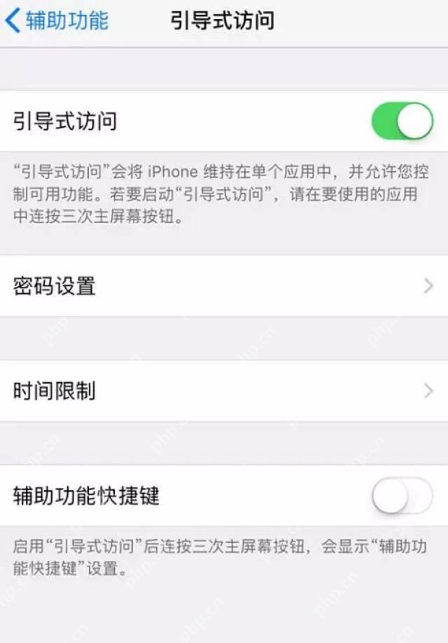 iPhone 引导式访问页面显示密码设置和时间限制