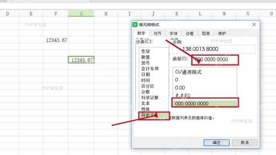 WPS 表格单元格格式窗口中选择自定义并填写 000 0000 0000 类型