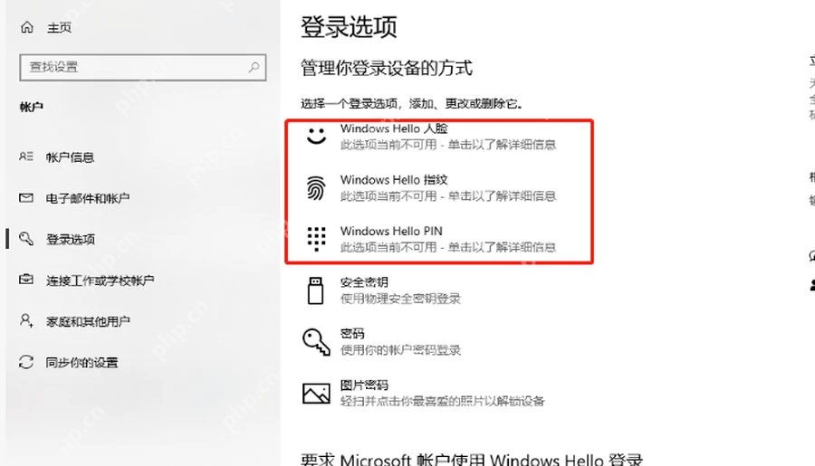Win10 登录选项页面提示 Windows Hello 在此设备上不可用