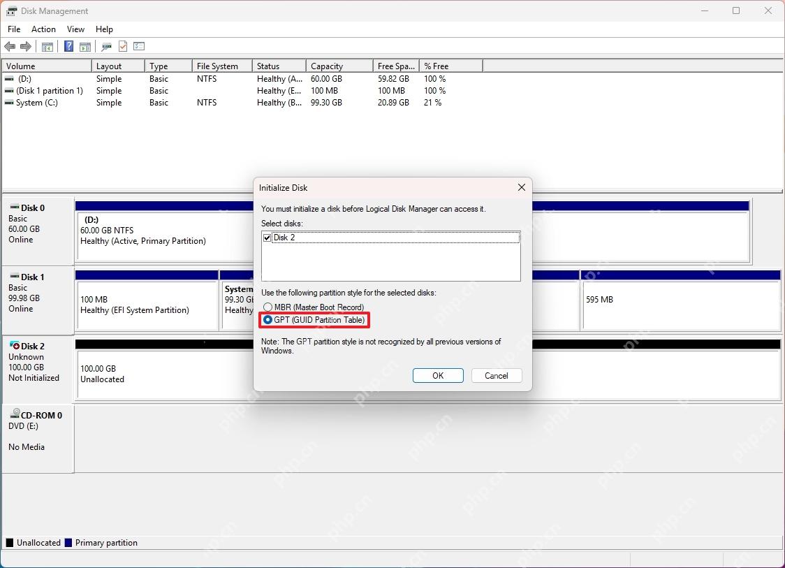 Windows 磁盘管理中打开 Initialize Disk 窗口准备初始化新硬盘