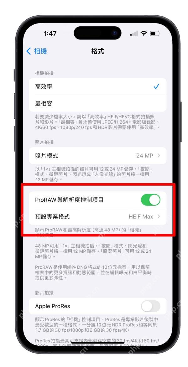iPhone 相机格式页面中 ProRAW 与分辨率控制项目已开启,对应简体中文分辨率控制开关