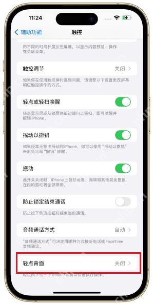 iPhone 辅助功能触控页面中轻点背面入口被红框标出