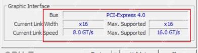 CPU-Z Windows Mainboard 页 Graphic Interface 区域高亮 Bus Specs PCI-Express 版本