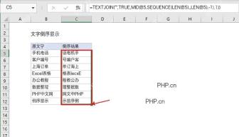 Excel C5 到 C12 倒序结果填充完成，第四步批量生成文字倒序