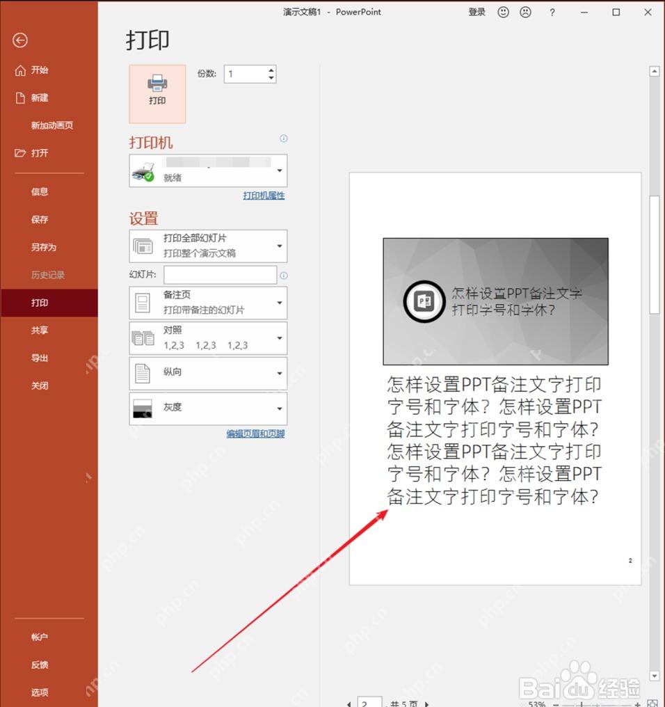 PowerPoint备注页打印预览中检查备注文字字号和排版效果
