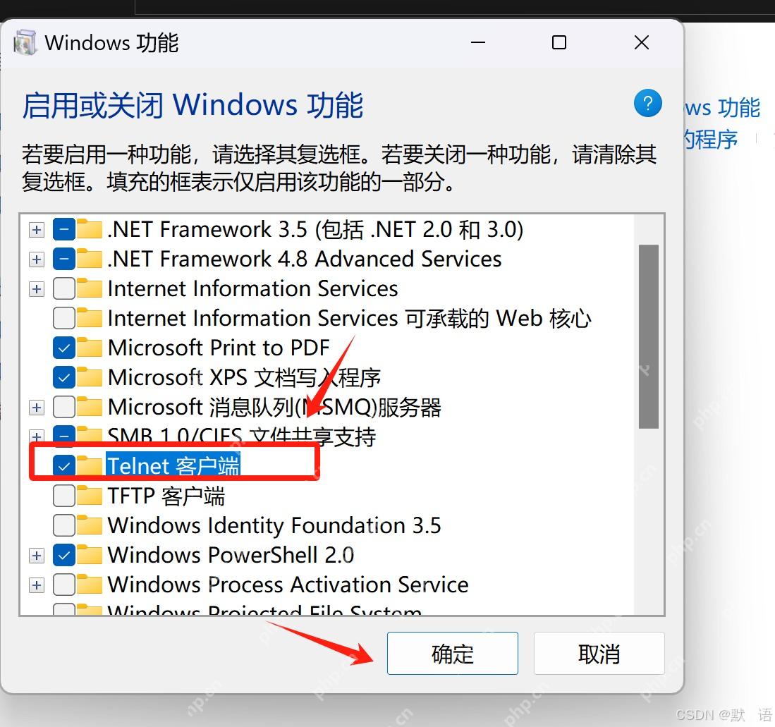Win11 Windows 功能窗口勾选 Telnet 客户端
