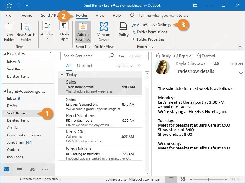 Outlook 文件夹页里的自动存档设置入口