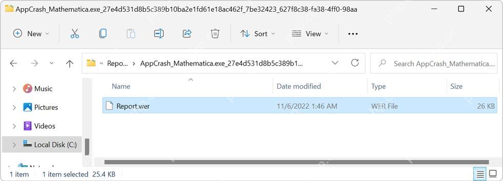 Win11 文件资源管理器打开应用崩溃报告文件夹并选中 Report.wer