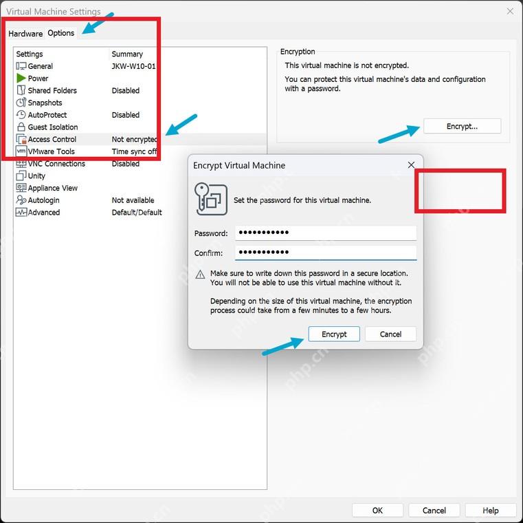 VMware Workstation Options Access Control 页面显示 Encrypt 按钮