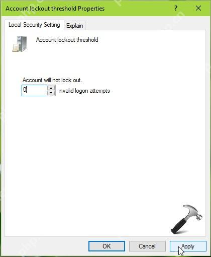 Win10 Account lockout threshold 属性中设置 invalid logon attempts