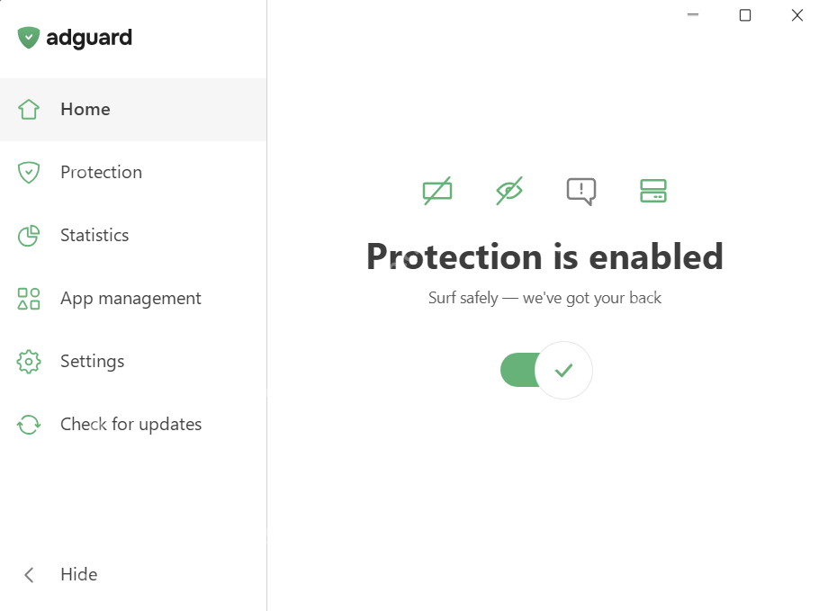 AdGuard Windows 首页用于确认保护状态