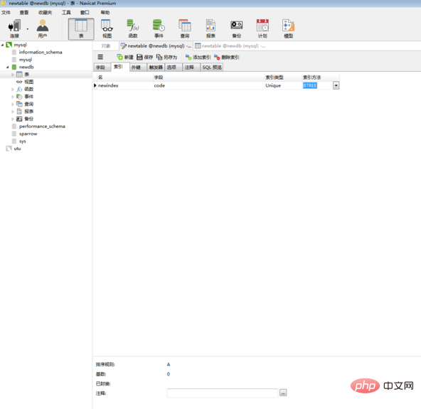 How to set index in navicat