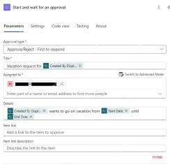 Power Automate配置开始并等待审批动作,包含审批类型、标题、分配对象和详情