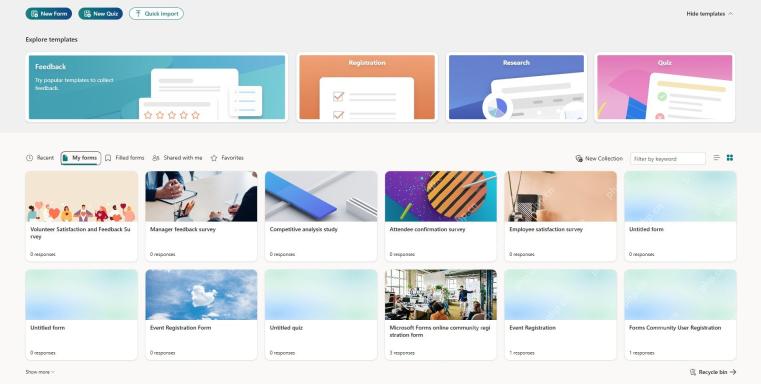Microsoft Forms 我的表单页面,可看到 New Form 按钮和已有表单卡片