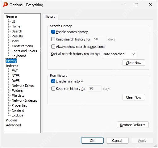 History 页面展示搜索历史和运行历史两块设置,正对应隐私清理。 Everything Options 的 History 页面,Search History 和 Run History 区域可见。