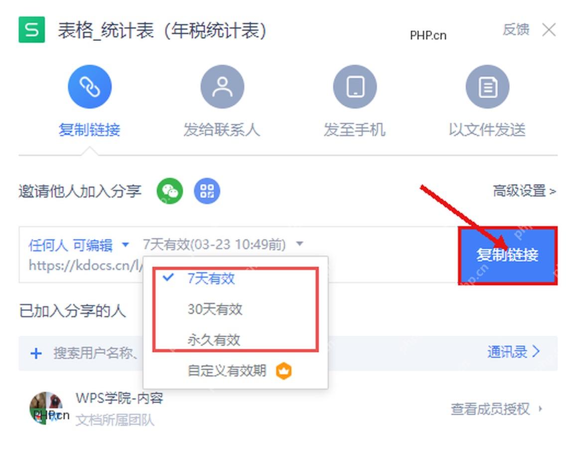 WPS 分享面板复制链接按钮，服务于复制永久有效分享链接步骤