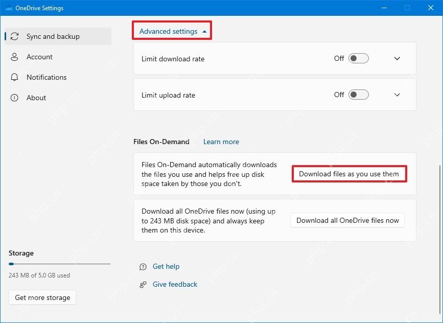 OneDrive Advanced settings 中的 Limit download rate 和 Limit upload rate 开关
