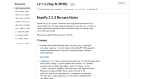 NumPy GitHub Releases 页面显示 2.5.x 补丁线和 2.5.3 发布记录