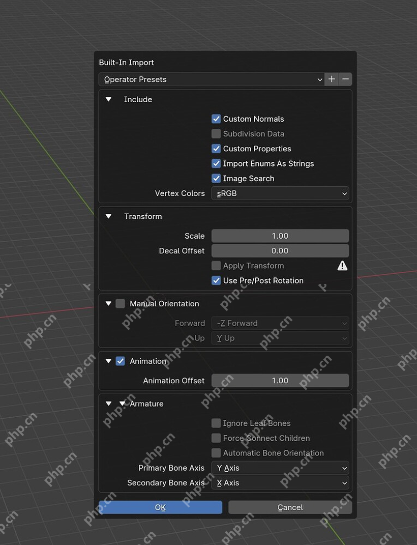 Blender Built-In Import 面板显示 FBX 的 Include、Transform、Manual Orientation 和 OK 按钮