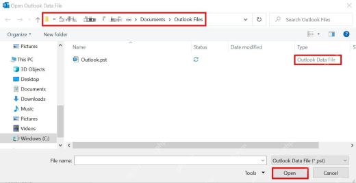选择 Outlook pst 数据文件并打开