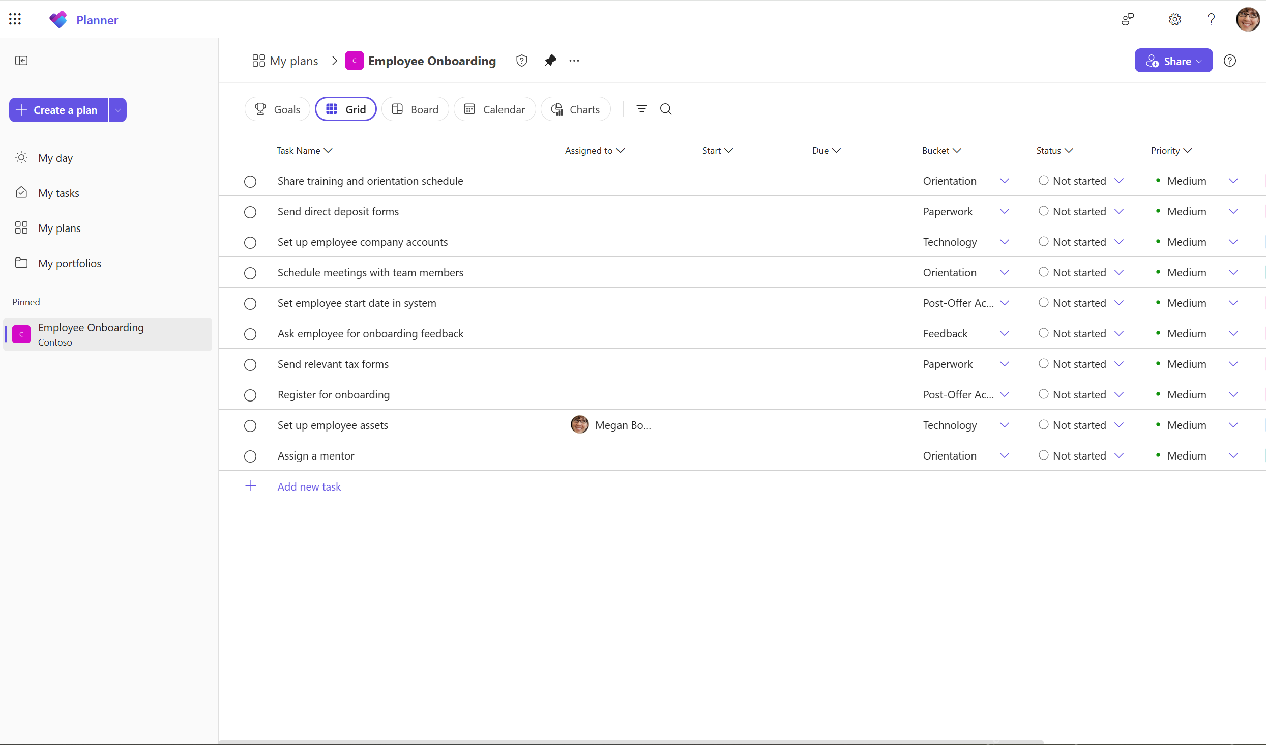 Planner 网格视图中管理任务负责人状态和优先级的界面