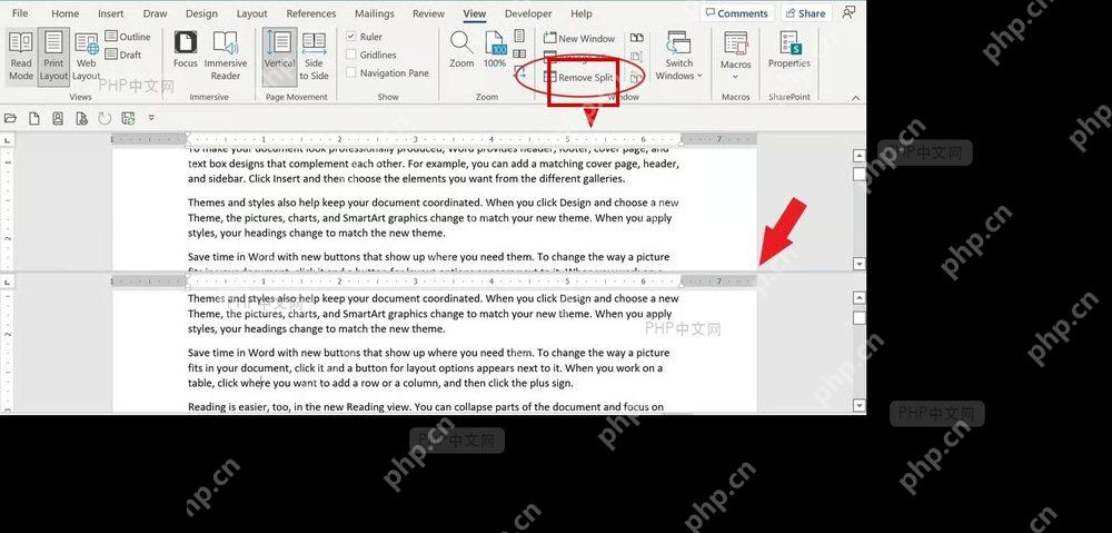 Word 视图选项卡中的拆分按钮入口,页面区域同时保留文档正文上下文