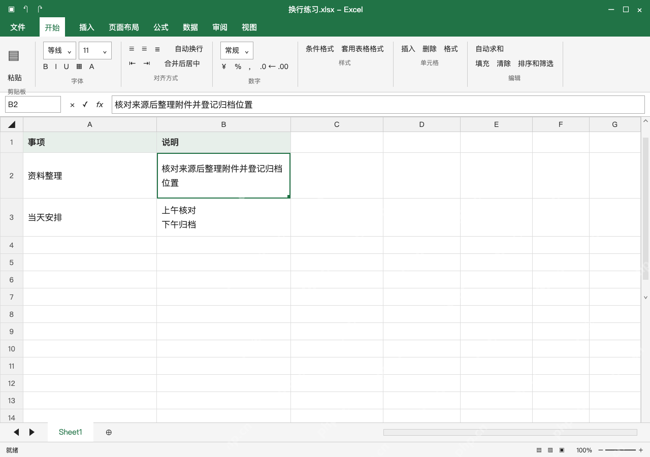 模拟 Microsoft Excel Windows桌面版 完整窗口:长说明先开启自动换行,内容留在原格
