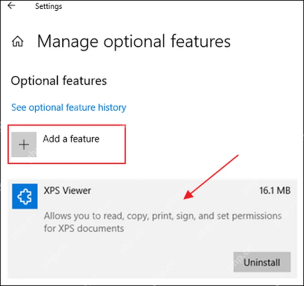 Windows10 管理可选功能页面显示 XPS Viewer 已安装