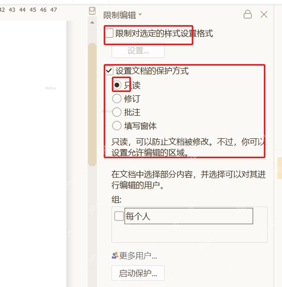 WPS文字限制编辑窗格中勾选设置文档保护方式并选择只读