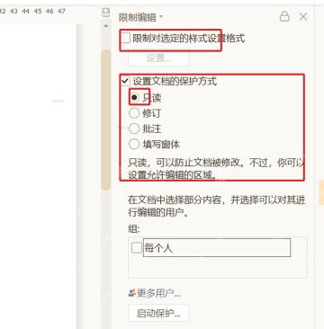 WPS文字限制编辑窗格中勾选设置文档保护方式并选择只读