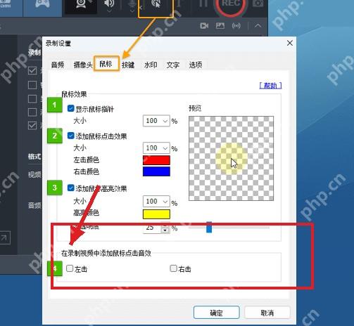Bandicam Windows 鼠标设置页红框标出左击右击点击音效选项