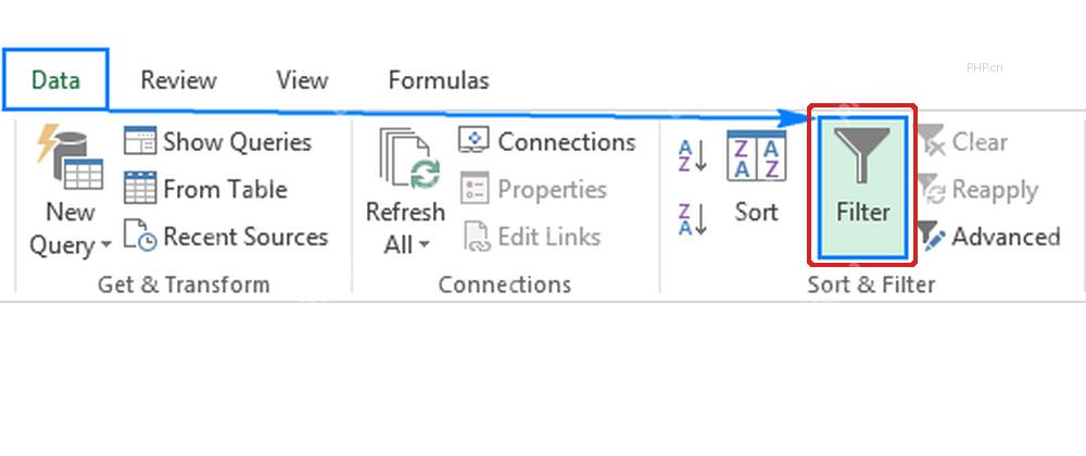 Excel Data 选项卡中 Filter 按钮被标出,用于第一步开启筛选