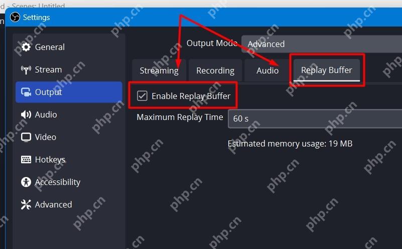 OBS Studio Advanced Output Replay Buffer 标签显示 Enable Replay Buffer 和 Maximum Replay Time