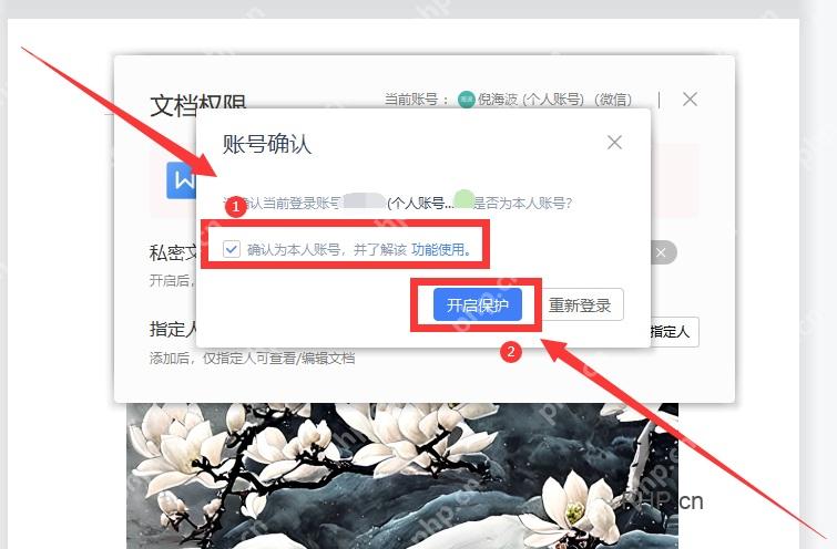 WPS账号确认窗口中开启保护按钮用于第四步完成私密文档设置