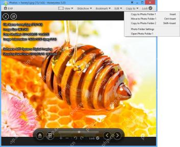 Windows 中的 Honeyview 5.05 已载入 Photos 文件夹图片，标题栏显示 honey3.jpg 与 75/143 的连续浏览计数