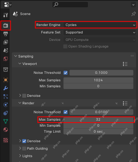 Blender Render Properties 面板中 Render Engine 选择 Cycles 并显示 Max Samples 采样设置
