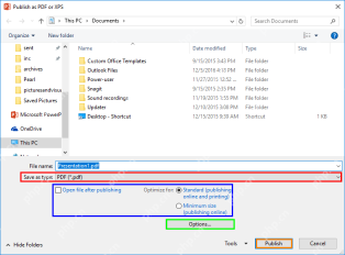 PowerPoint Publish as PDF or XPS 窗口设置 PDF 文件名和发布质量