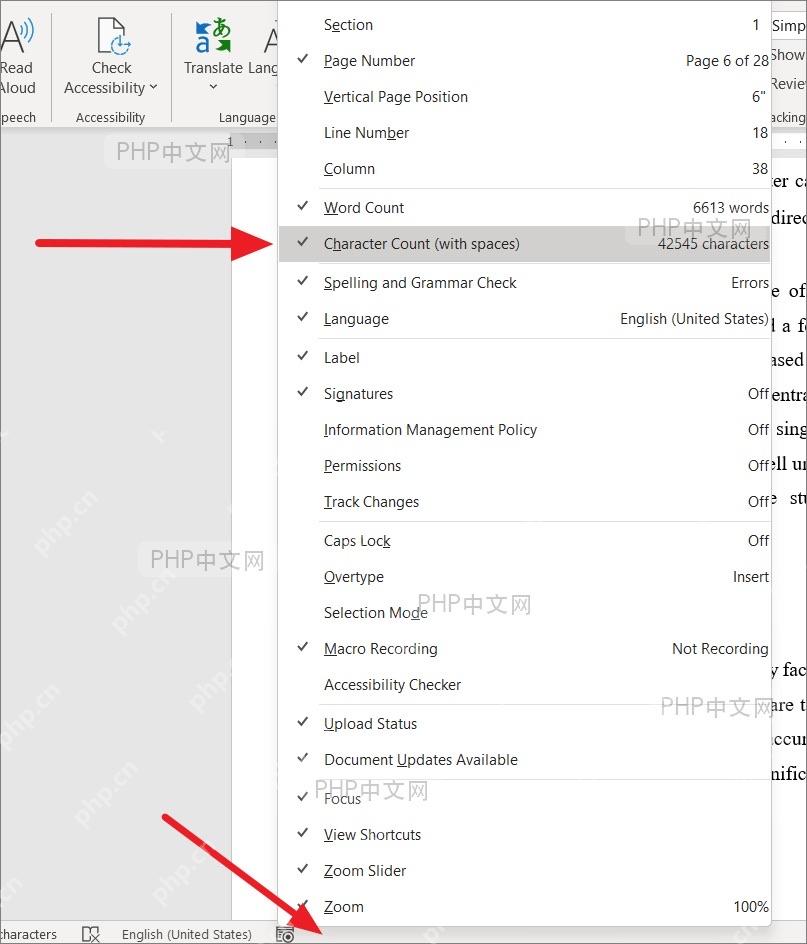 Microsoft Word 状态栏右键菜单勾选 Word Count 和 Character Count 恢复统计显示