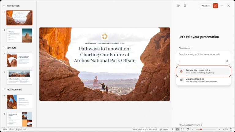 Microsoft 365 PowerPoint Copilot 面板中选择 Review this presentation 检查整份演示文稿
