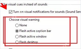 Win10 视觉声音提醒选择闪烁活动窗口或桌面