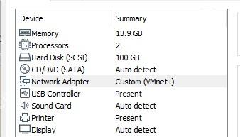VMware Workstation Virtual Machine Settings 左侧设备列表显示 Network Adapter 摘要用于确认网卡
