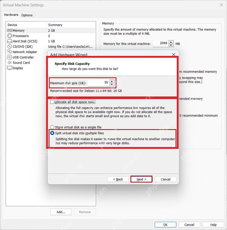 VMware Workstation Add Hardware Wizard Specify Disk Capacity 页面显示 Allocate all disk space now