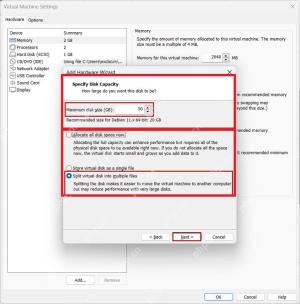 VMware Workstation Add Hardware Wizard Specify Disk Capacity 页面显示 Allocate all disk space now