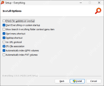 在安装向导里提前勾选开机启动。 Everything 安装向导的 Install Options 页面,包含 Start Everything on system startup 和 Automatically index NTFS volumes。 安装阶段同样提供开机启动复选框。