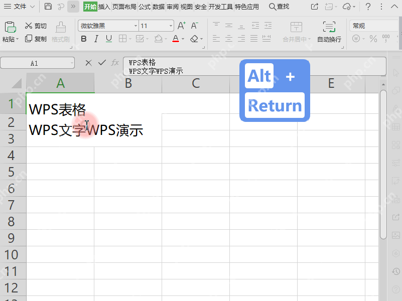 WPS表格中在单元格文字中间按Alt加Enter准备手动换行