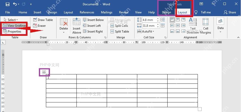 Word 表格工具布局中的 View Gridlines 按钮,对应第2步切换表格虚框显示或隐藏