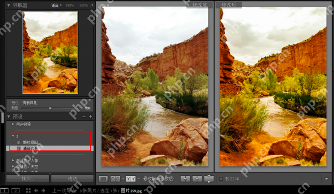 Lightroom Classic Windows 用户预设列表和套用后的修改前后对比,用于检查自建预设