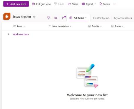 Microsoft Lists 中 Issue tracker 模板创建完成后的列表首页和默认字段