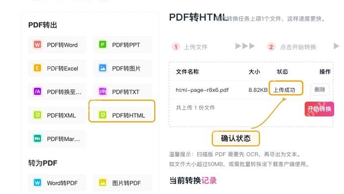 PDF转HTML确认文件上传状态